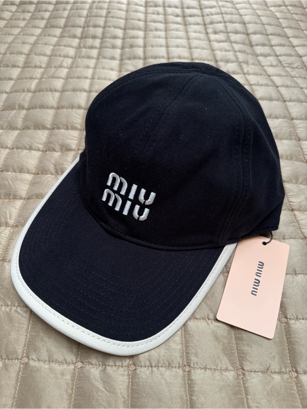 Black Baseball Cap Hat with White Trim & White Logo - Picture 2 of 5